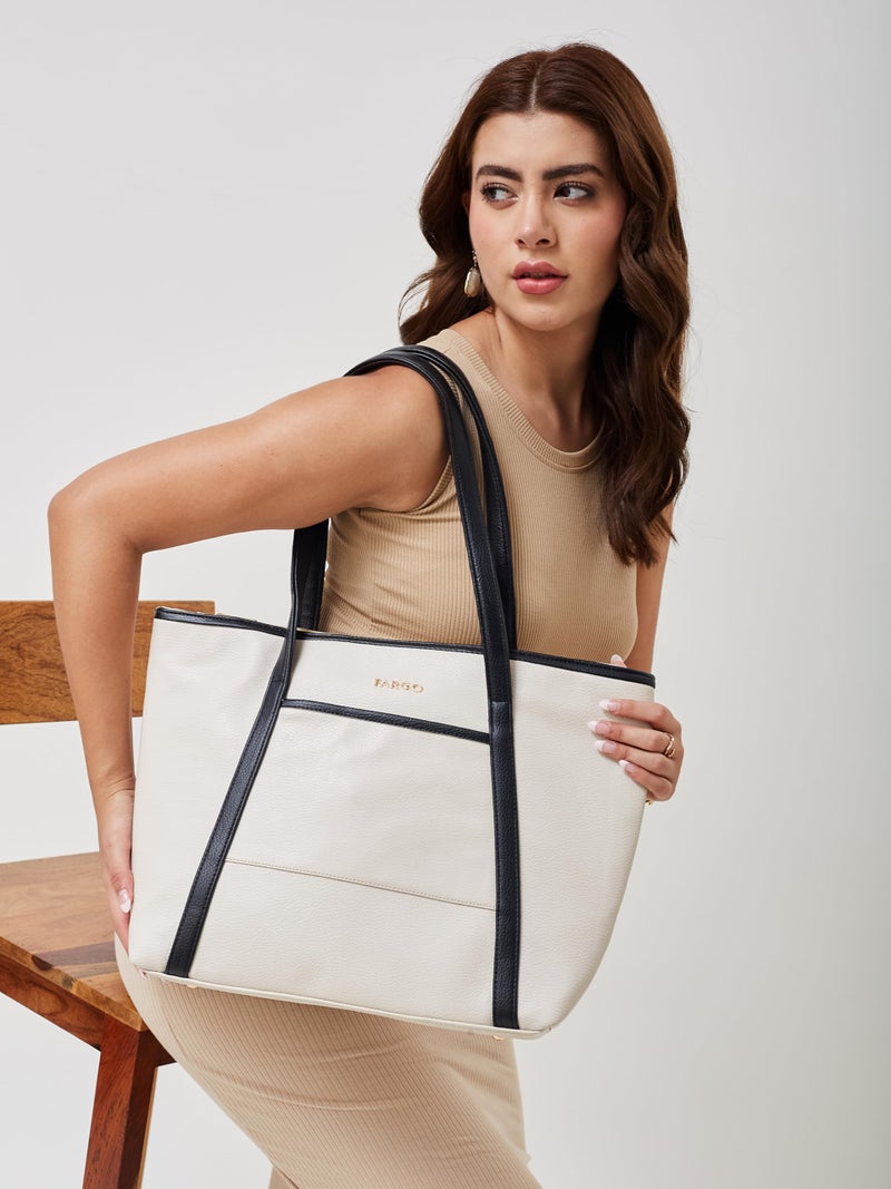 Fargo Axis Vegan Leather Tote Bag for Women | Laptop Compartment, RFID Pockets, YKK Zipper, Large Office Handbag | Shoulder Bag for College & Daily Use | Made in India (Ivory-Black) - Image 2