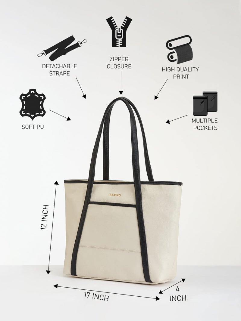 Fargo Axis Vegan Leather Tote Bag for Women | Laptop Compartment, RFID Pockets, YKK Zipper, Large Office Handbag | Shoulder Bag for College & Daily Use | Made in India (Ivory-Black) - Image 4