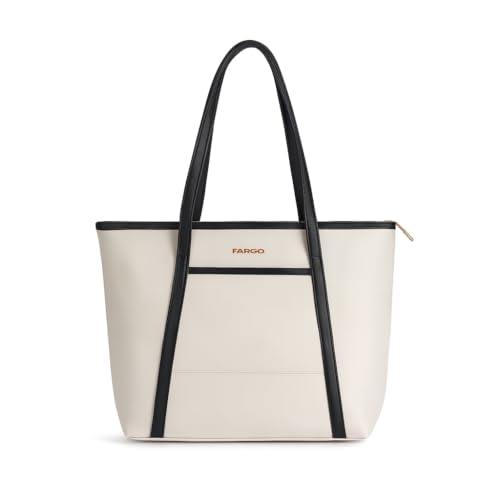 Fargo Axis Vegan Leather Tote Bag for Women | Laptop Compartment, RFID Pockets, YKK Zipper, Large Office Handbag | Shoulder Bag for College & Daily Use | Made in India (Ivory-Black) - Image 1