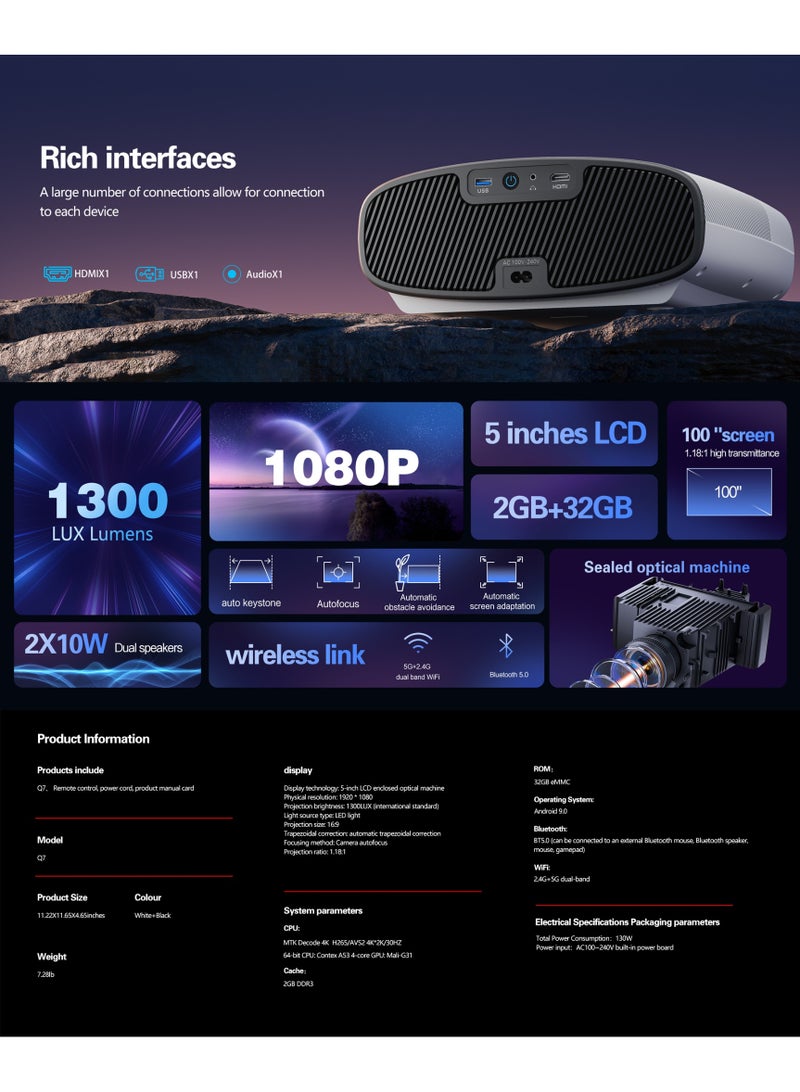 Toumei Q7 Ultra HD 4K Home Projector - 5-inch LCD Screen - 1080P Full HD - 1300LUS - Auto Keystone Correction, Auto Focus, Auto Obstacle Avoidance, Auto Screen Adaptation - Smart Projector with Wi-Fi and Bluetooth  - Image 2