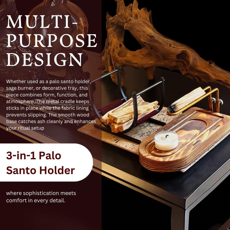 Juglok 3-in-1 Palo Santo Holder & Burner â€“ Wooden Base Sage Holder with Metal Frame for Palo Santo Sticks, Aromatherapy, Meditation & Smudging Rituals (3 in 1) - Image 2