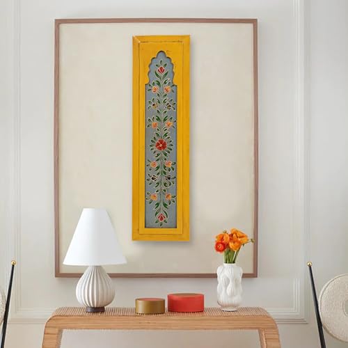 CRAFT TREE MDF Wall Hanging Jharokha Frame | Hand-Carved Decorative Window Frame | Vintage Home & Office Décor | (Yellow) - Image 1