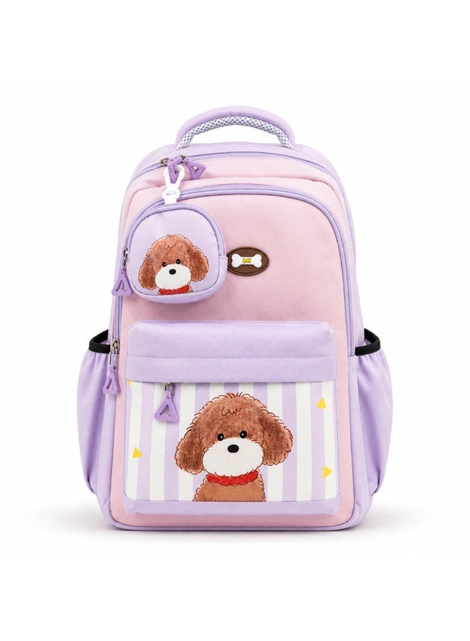 حقيبة Pastel Puppy المدرسية باللون اللافندر، حقيبة ظهر خفيفة الوزن بمقصورات متعددة، جيب أمامي عملي، جيوب جانبية للزجاجات، وأحزمة كتف مبطنة وقابلة للتعديل. - Image 1