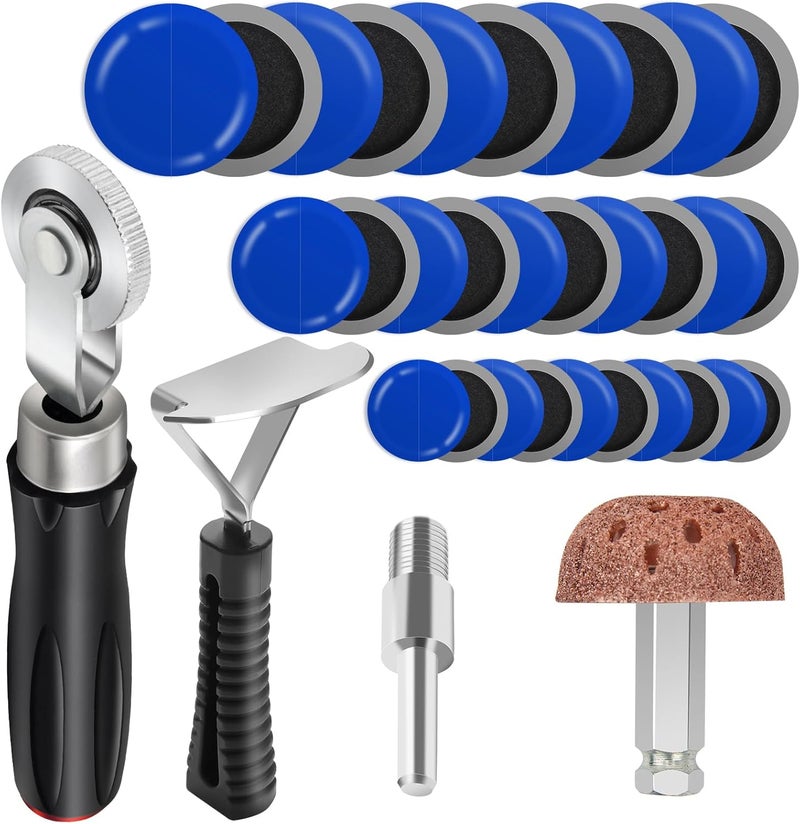 Anglekai 30+3PCS Tire Patch Roller Kit, Tire Patch Roller/Tire Repair Buffing Wheel/Tire Inner Liner Scraper/ 30PCS Tire Patches(32mm/ 42mm/ 58mm), Tire Repair Patch Tool for Car Grinding - Image 1