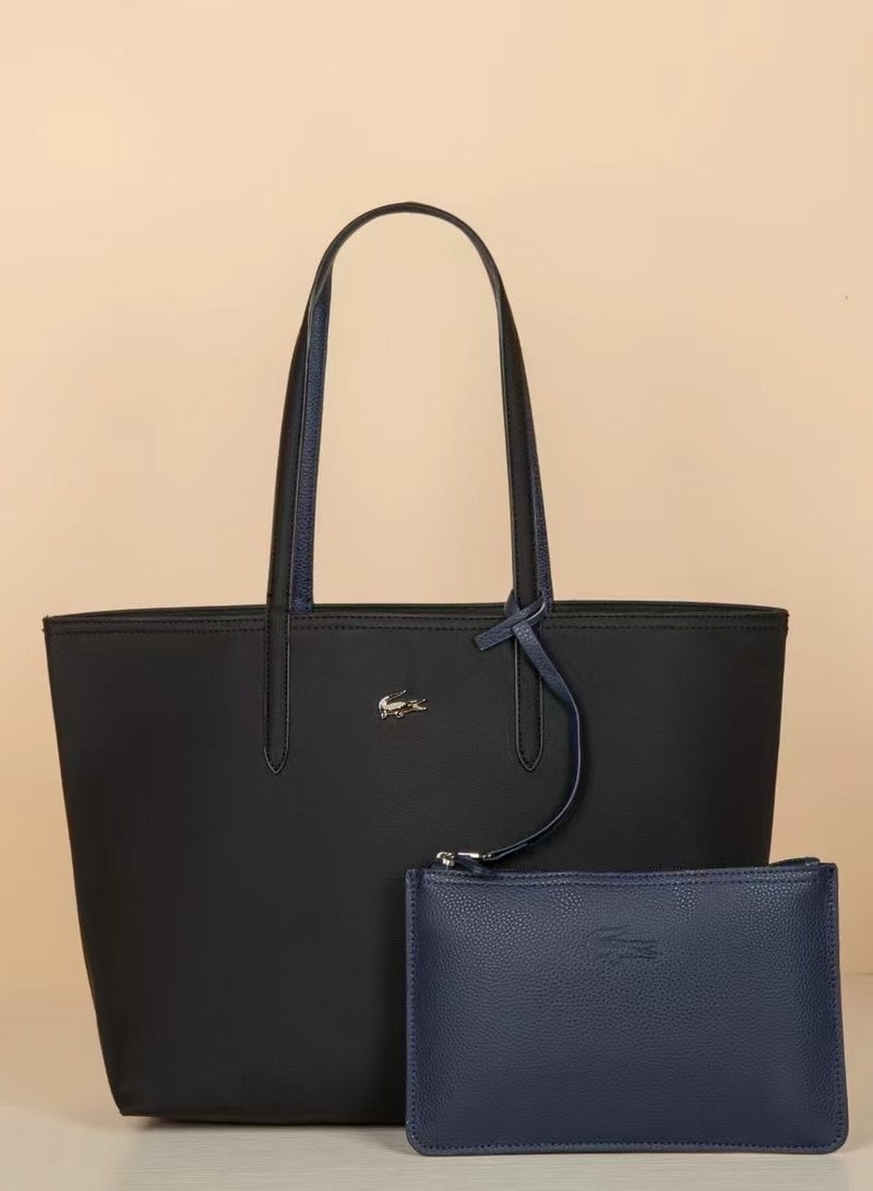 LACOSTE Lacoste Women's Double sided Two tone Large Capacity Handbag, Fashionable Multi functional, Black/Deep Blue 