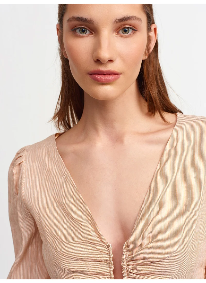 Dilvin 5832 Striped Flowy Blouse-Copper