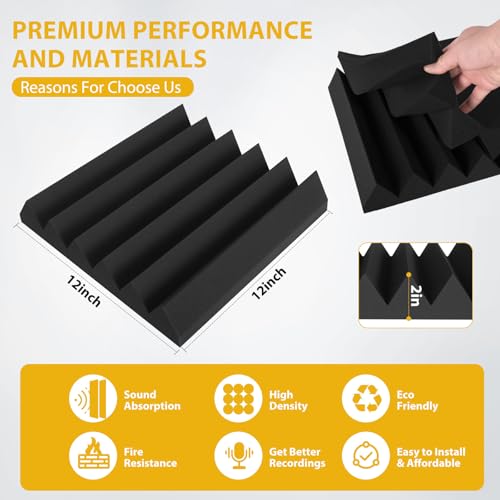 Saiqiang 36 Pack Acoustic Foam Panels 2" x 12" x 12" Sound Proof Foam Panles Saiqiang Soundproofing Noise Absorbing Wedge Black Panels for Wall Studio Foams with Double-Side Adhesive - Image 3