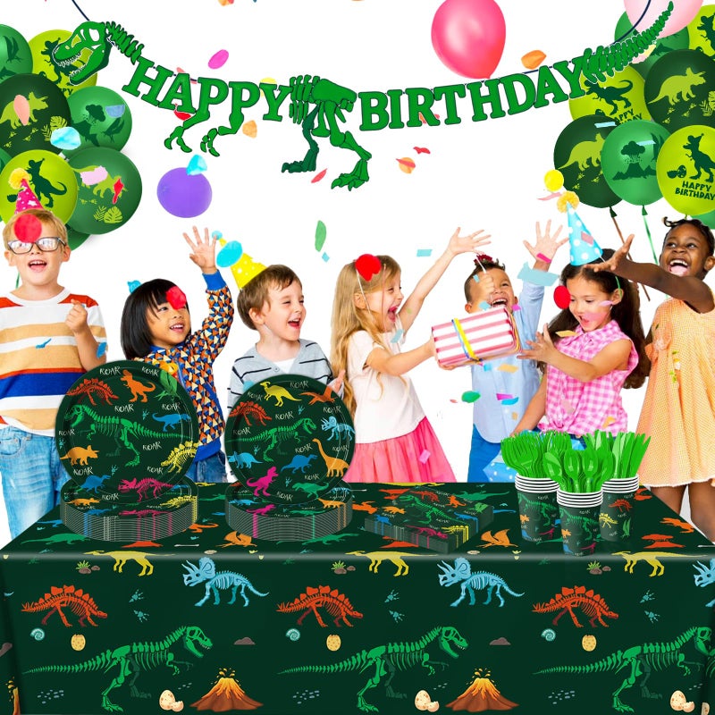 LINHAXM 166 PCS Dinosaur Birthday Decorations, Dinosaur Party Supplies Includes Plates, Cups, Napkins, Cutlery, Banner, Tablecloth, Balloons for Boy Dino Party Decorations, Serves 20 - Image 5