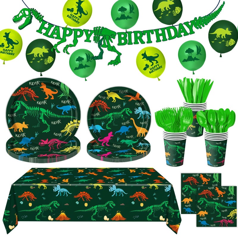 LINHAXM 166 PCS Dinosaur Birthday Decorations, Dinosaur Party Supplies Includes Plates, Cups, Napkins, Cutlery, Banner, Tablecloth, Balloons for Boy Dino Party Decorations, Serves 20 - Image 1