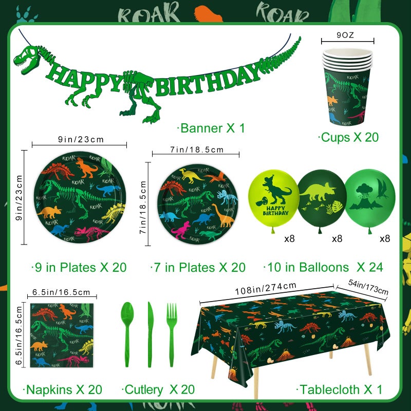 LINHAXM 166 PCS Dinosaur Birthday Decorations, Dinosaur Party Supplies Includes Plates, Cups, Napkins, Cutlery, Banner, Tablecloth, Balloons for Boy Dino Party Decorations, Serves 20 - Image 2