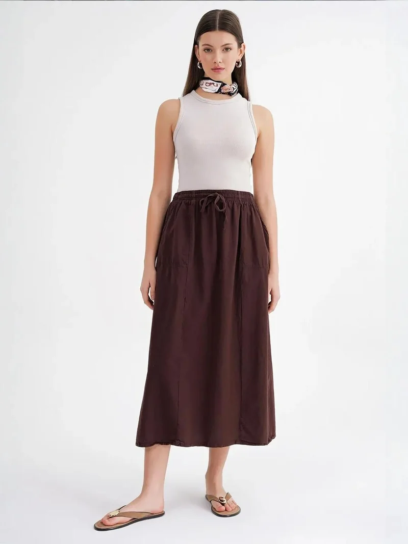 MixRay Coffee Brown Mixray High-Waisted Poplin Skirt with Drawstring Detail for Women | Best Price UAE