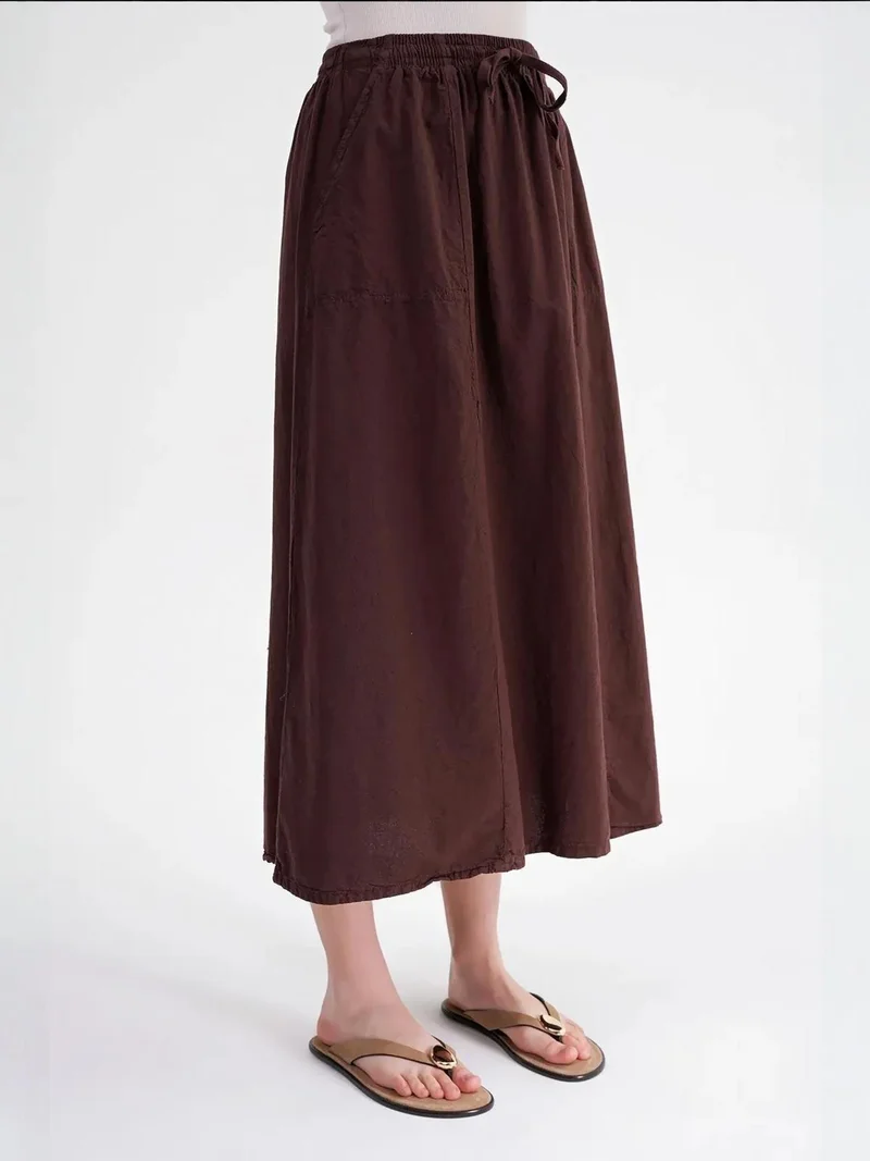 MixRay Coffee Brown Mixray High-Waisted Poplin Skirt with Drawstring Detail for Women | Best Price UAE