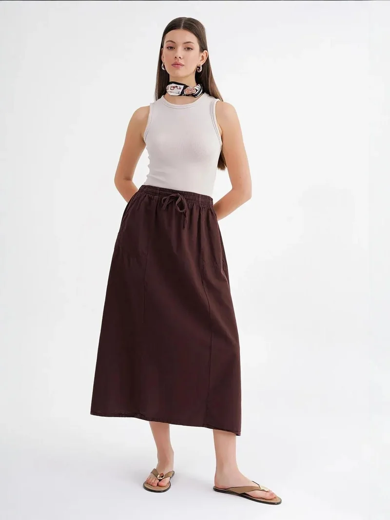 MixRay Coffee Brown Mixray High-Waisted Poplin Skirt with Drawstring Detail for Women | Best Price UAE