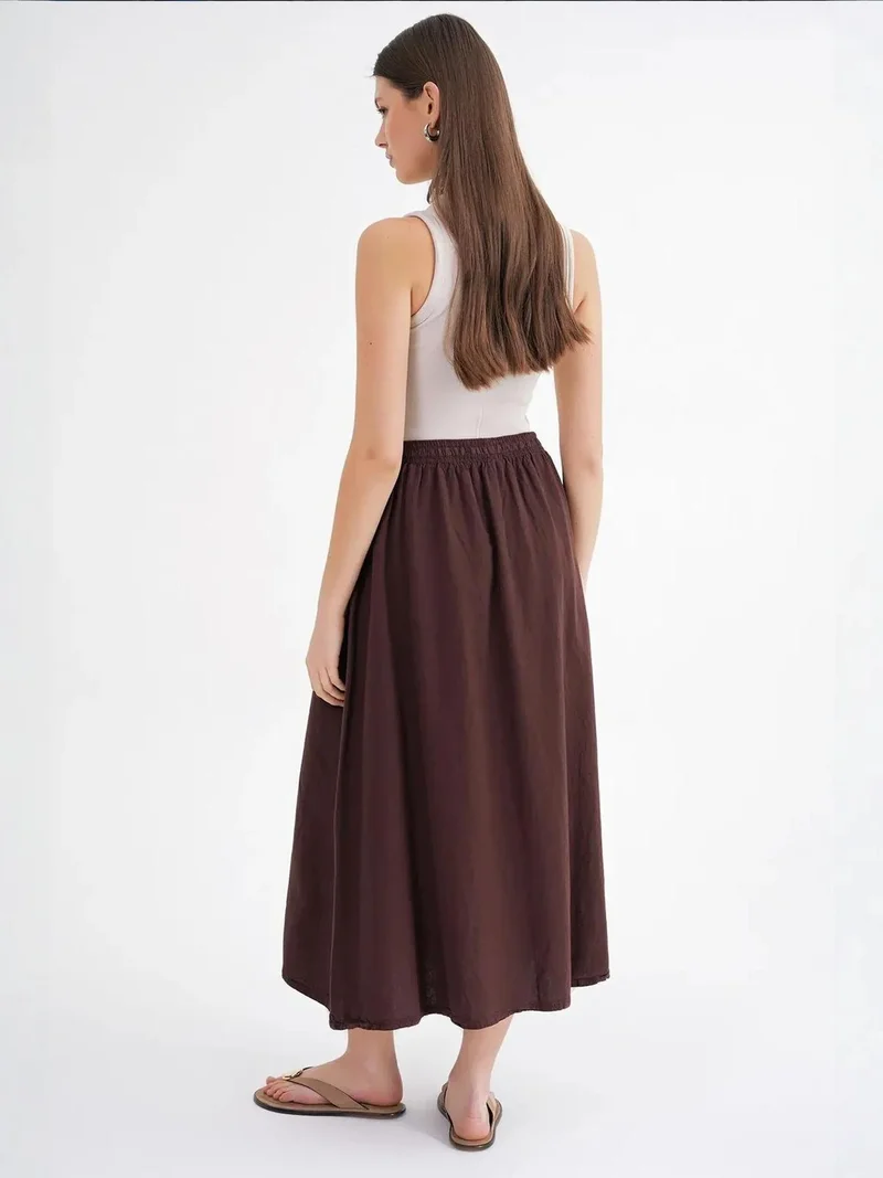 MixRay Coffee Brown Mixray High-Waisted Poplin Skirt with Drawstring Detail for Women | Best Price UAE
