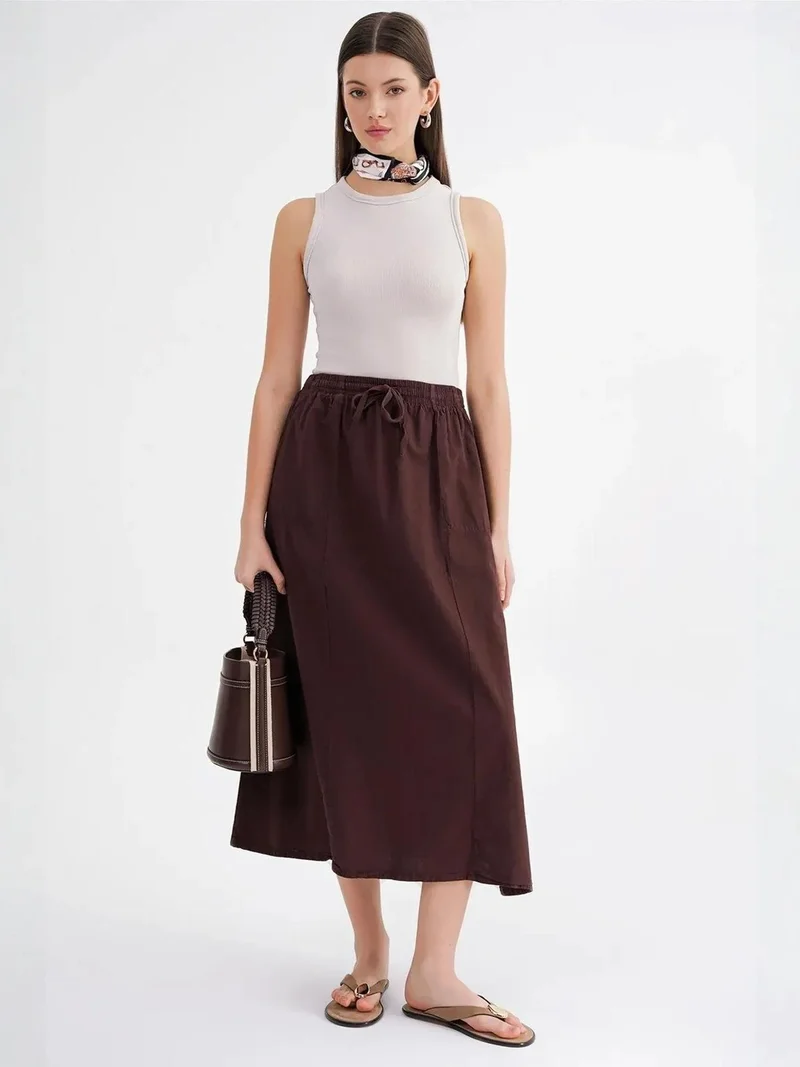 Mixray Coffee Brown Mixray High-Waisted Poplin Skirt with Drawstring Detail for Women | Best Price UAE