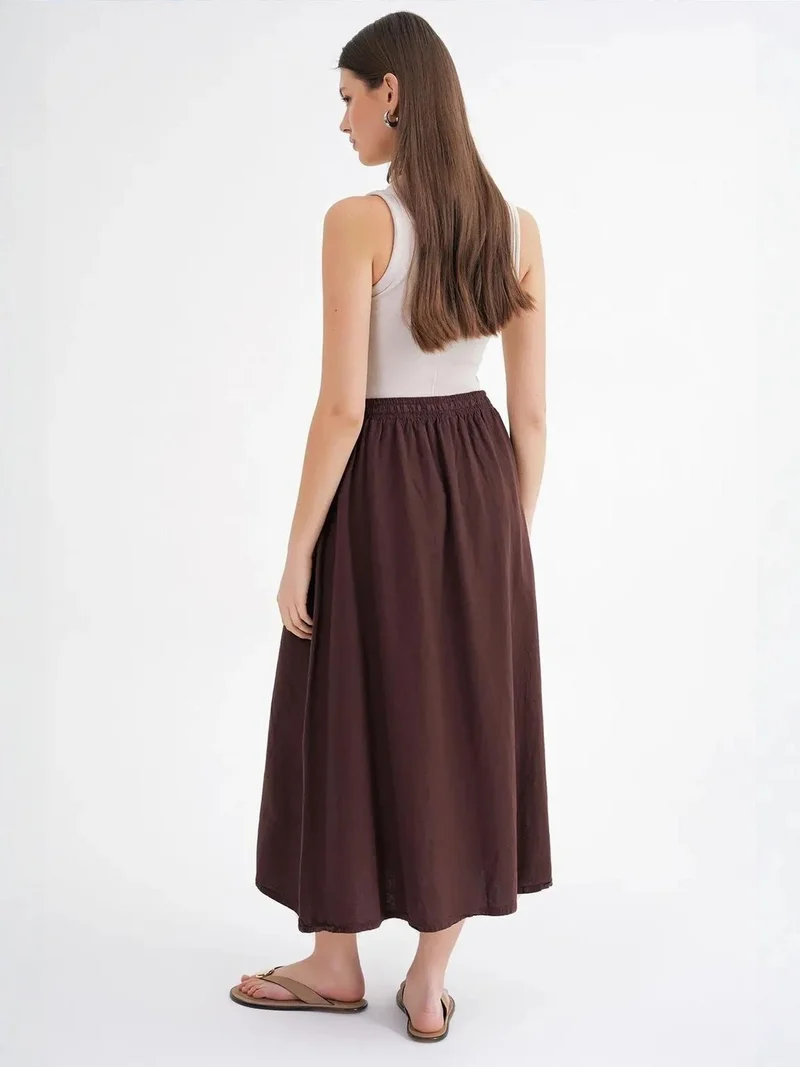 Mixray Coffee Brown Mixray High-Waisted Poplin Skirt with Drawstring Detail for Women | Best Price UAE