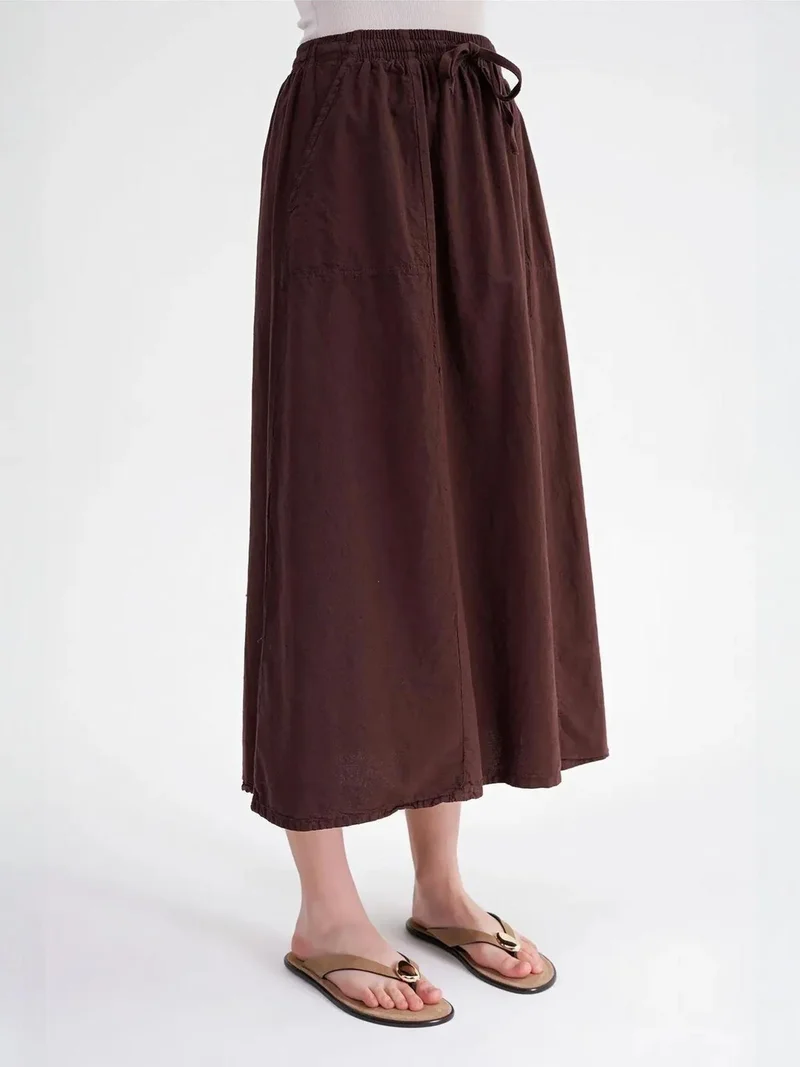 Mixray Coffee Brown Mixray High-Waisted Poplin Skirt with Drawstring Detail for Women | Best Price UAE