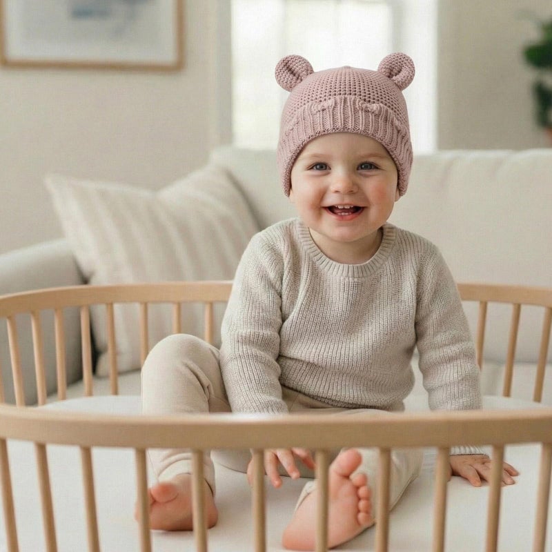 LAWKUL Baby Beanie Hat Winter 100% Cotton with Cute Bear Ear Cap Soft Warm for Infant Toddler Boy Girl 0-6 Months Pink - Image 3