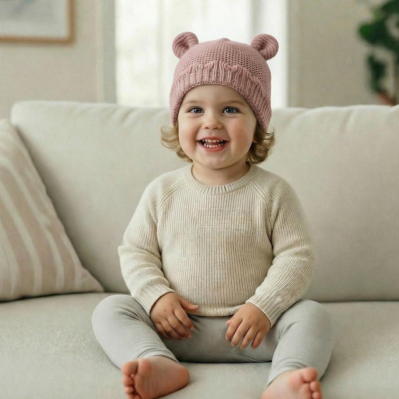 LAWKUL Baby Beanie Hat Winter 100% Cotton with Cute Bear Ear Cap Soft Warm for Infant Toddler Boy Girl 0-6 Months Pink - Image 2
