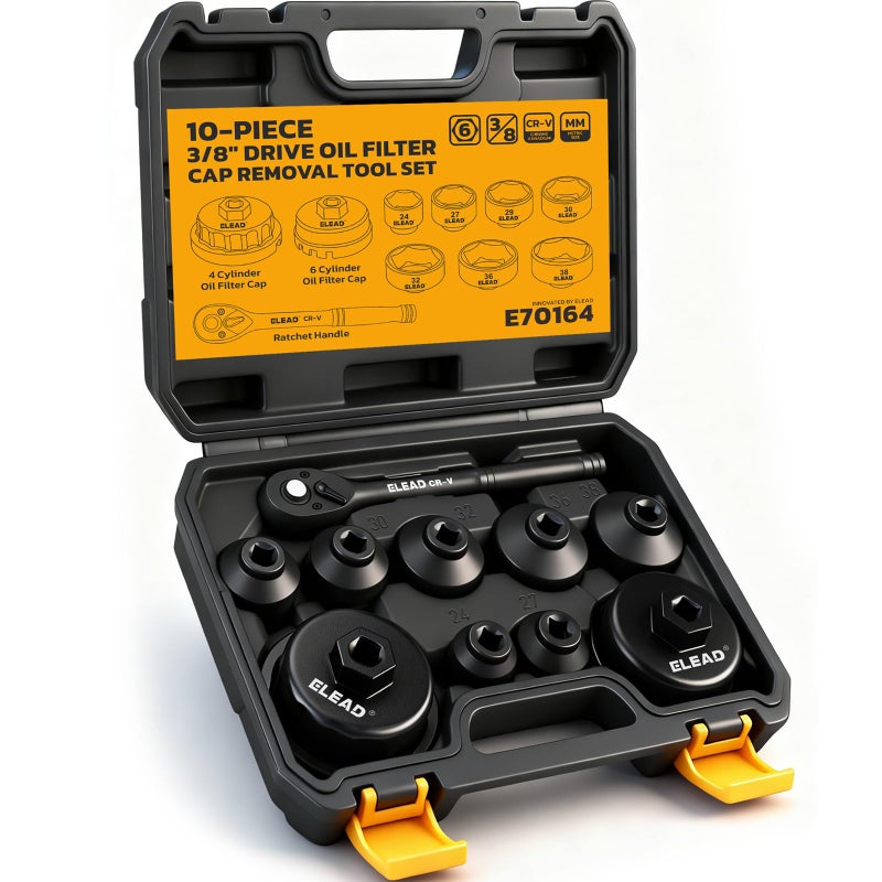 ELEAD 10-Piece Oil Filter Socket Wrench Set, 3/8" Drive Metric Cap Oil Filter Removal Tool, Low Profile Filters Socket Set with Ratchet Wrench Handle, Oil-change Kit Compatible with Toyota BMW Honda - Image 1