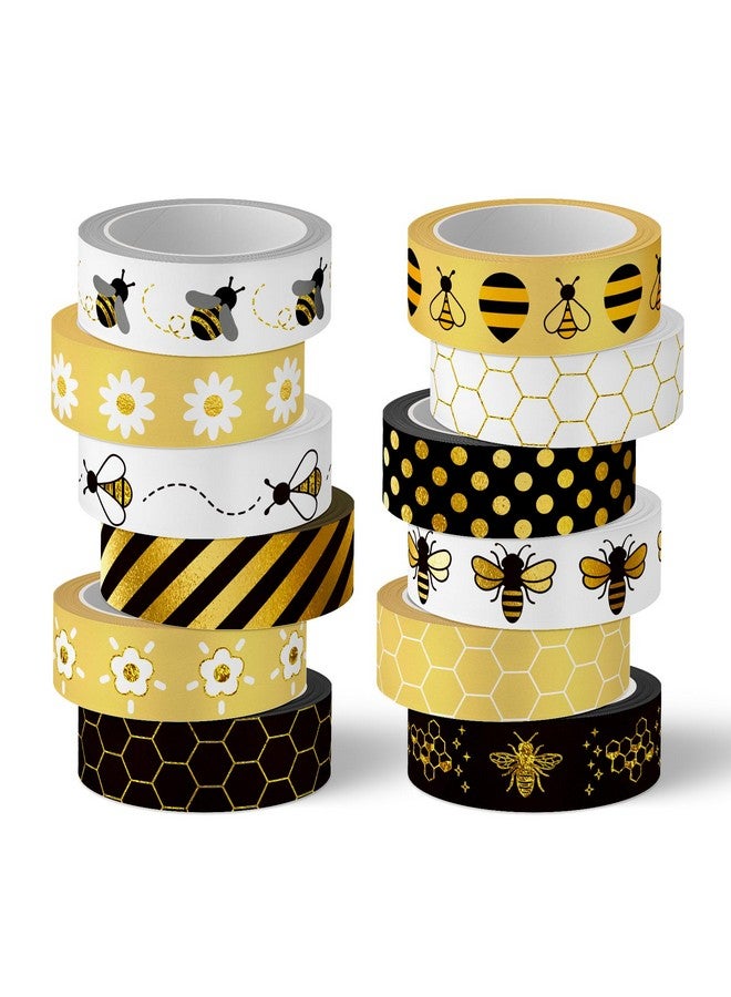 وولاين 12 لفة من شريط واشي الذهبي على شكل نحلة عسل النحل، شريط لاصق مزخرف بعرض 15 مم، مطبوع عليه نحلة عسل النحل، لتغليف الهدايا والحرف الفنية اليدوية، بطول 9.8 قدم - Image 1
