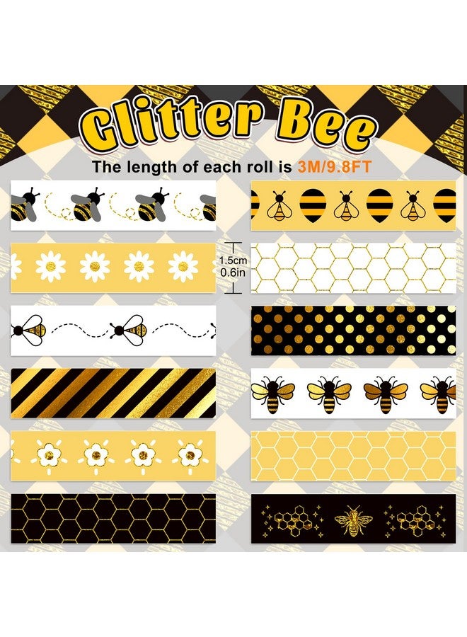 وولاين 12 لفة من شريط واشي الذهبي على شكل نحلة عسل النحل، شريط لاصق مزخرف بعرض 15 مم، مطبوع عليه نحلة عسل النحل، لتغليف الهدايا والحرف الفنية اليدوية، بطول 9.8 قدم - Image 2