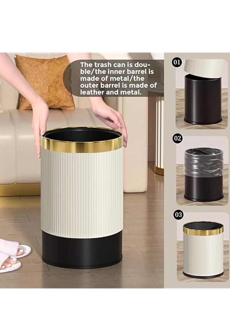 علبة القمامة المنزلية ، سلة النفايات البلاستيكية 12 لتر مع غطاء الجلد والدائرة المعدنية ، سلة القمامة المربعة للمطبخ سلة الحمام بدون غطاء ، لمطبخ المكتب المنزلي والنزل (بالكامل الأبيض الذهبي) - Image 4