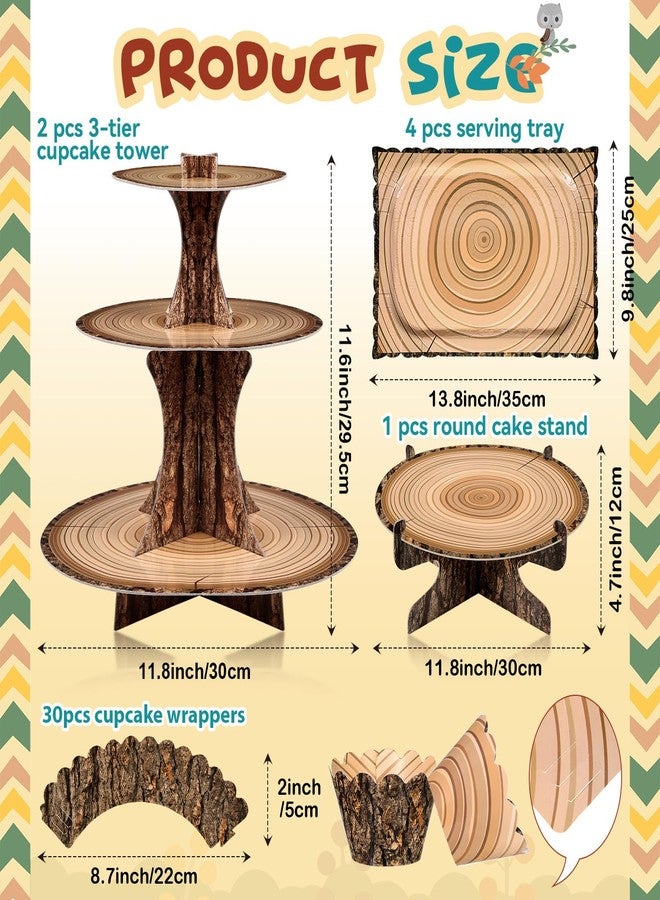 Sacubee 37 Pcs Woodland Cupcake Stand Set Includes 2 Wood Cupcake Stands 1 Rustic Cake Stand 4 Rectangle Serving Tray 30 Cake Wrappers Bulk for Western Dessert Camping Baby Shower Birthday Party Decor - Image 2
