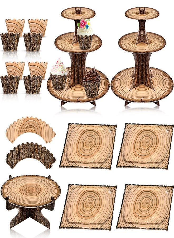Sacubee 37 Pcs Woodland Cupcake Stand Set Includes 2 Wood Cupcake Stands 1 Rustic Cake Stand 4 Rectangle Serving Tray 30 Cake Wrappers Bulk for Western Dessert Camping Baby Shower Birthday Party Decor - Image 1