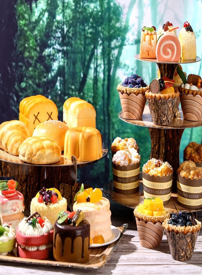 Sacubee 37 Pcs Woodland Cupcake Stand Set Includes 2 Wood Cupcake Stands 1 Rustic Cake Stand 4 Rectangle Serving Tray 30 Cake Wrappers Bulk for Western Dessert Camping Baby Shower Birthday Party Decor - Image 3