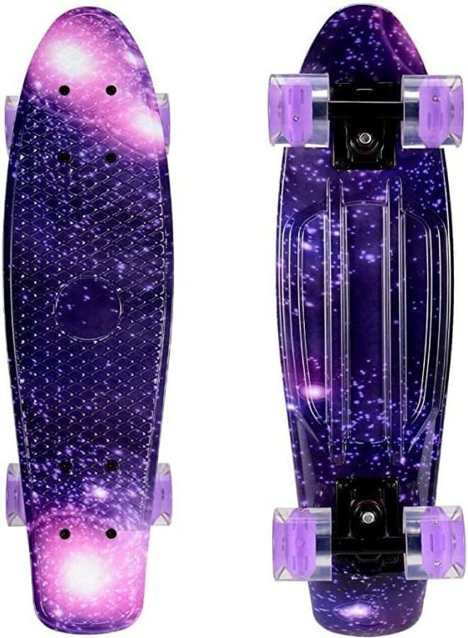 Skateboard 22 Inch Mini Cruiser Skateboard Complete Skateboard with LED PU Wheel Plastic Retro Board Classic Skateboard Light Up Starry Sky Skateboard for Kids Beginner Girls Boys Adult Teens  - Image 1