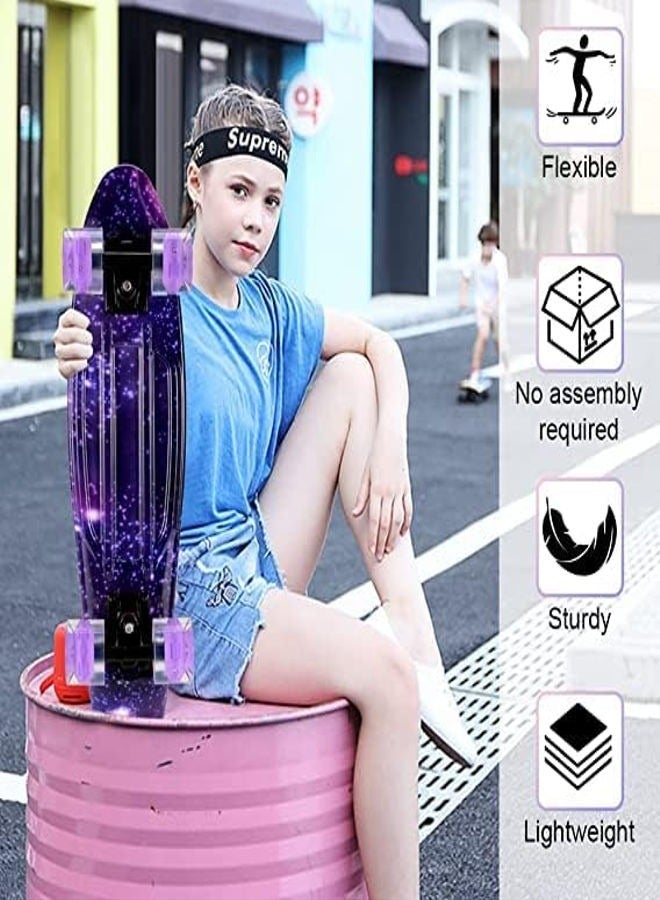 Skateboard 22 Inch Mini Cruiser Skateboard Complete Skateboard with LED PU Wheel Plastic Retro Board Classic Skateboard Light Up Starry Sky Skateboard for Kids Beginner Girls Boys Adult Teens  - Image 2