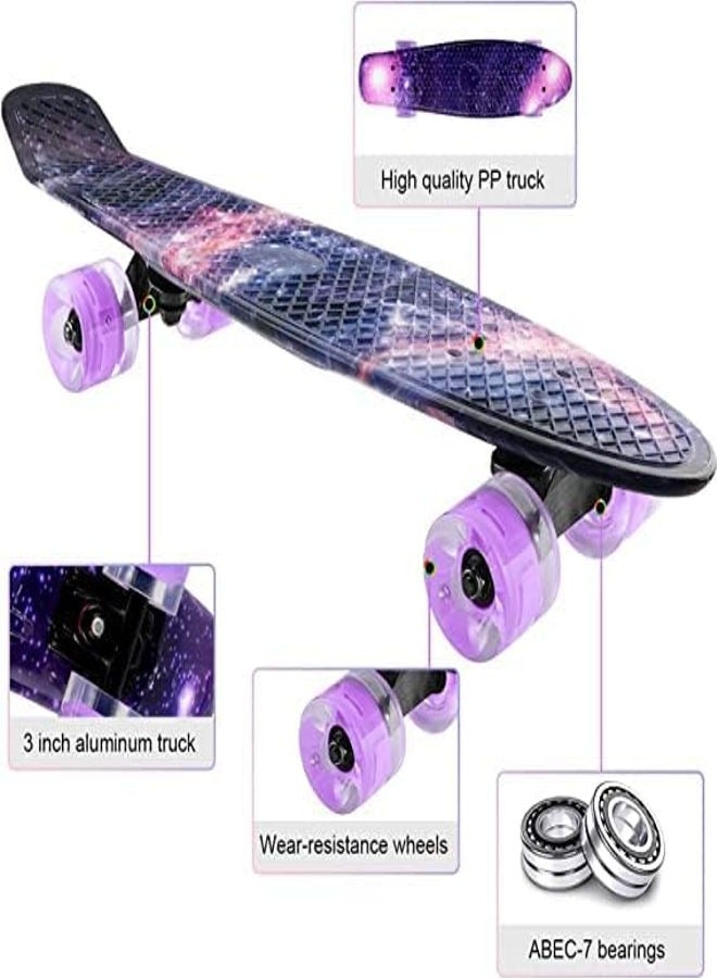 Skateboard 22 Inch Mini Cruiser Skateboard Complete Skateboard with LED PU Wheel Plastic Retro Board Classic Skateboard Light Up Starry Sky Skateboard for Kids Beginner Girls Boys Adult Teens  - Image 3