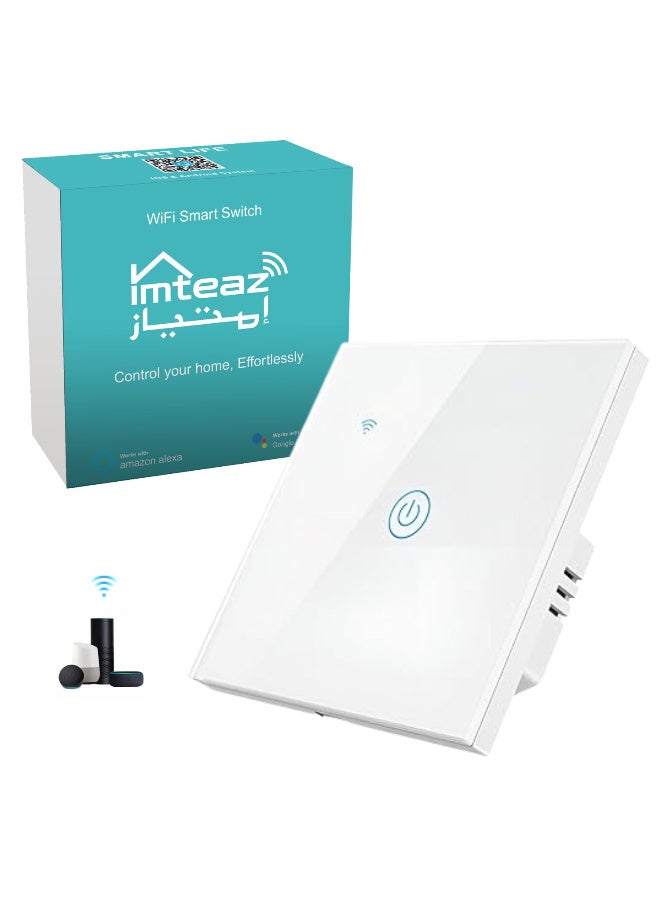 Imteaz WiFi Smart Wall Light Switch, No Neutral Wire Required, No Hub Required, Compatible with Google Home & Alexa, Touch & App Remote Control, Timing Function & Voice Control  (Gang 1, White) - Image 1