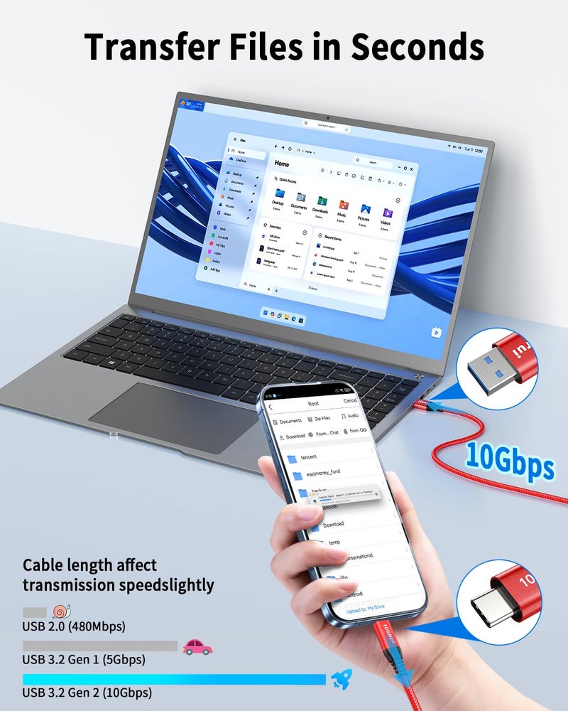 LDLrui USB-C Data Cable 10Gbps [6ft, Red], Android Auto USB 3.2 Gen 2 USB A to USB C Data Transfer Cord Type C 3.1A Fast Charging for Samsung Galaxy S24/S23/S22/S21, iPhone 16/15 Pro Max CarPlay, Pixel 9 - Image 2