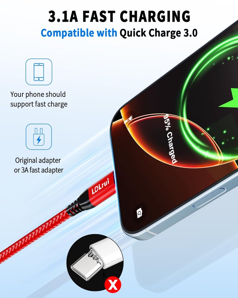 LDLrui USB-C Data Cable 10Gbps [6ft, Red], Android Auto USB 3.2 Gen 2 USB A to USB C Data Transfer Cord Type C 3.1A Fast Charging for Samsung Galaxy S24/S23/S22/S21, iPhone 16/15 Pro Max CarPlay, Pixel 9 - Image 3