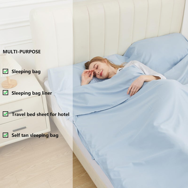 RHINSBENF Sleeping Bag Liner Camping Adult Sleep Sack Lightweight Travel Sheet for Hotel Bed Compact Ultralight Essential Cleaning Supplies Kit Travel Bedding Set for Backpacking (Blue & Double) - Image 5