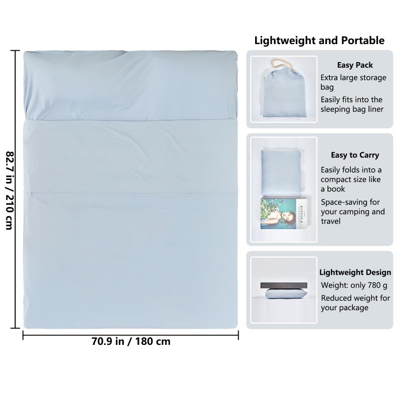 RHINSBENF Sleeping Bag Liner Camping Adult Sleep Sack Lightweight Travel Sheet for Hotel Bed Compact Ultralight Essential Cleaning Supplies Kit Travel Bedding Set for Backpacking (Blue & Double) - Image 2