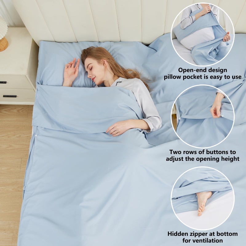 RHINSBENF Sleeping Bag Liner Camping Adult Sleep Sack Lightweight Travel Sheet for Hotel Bed Compact Ultralight Essential Cleaning Supplies Kit Travel Bedding Set for Backpacking (Blue & Double) - Image 4