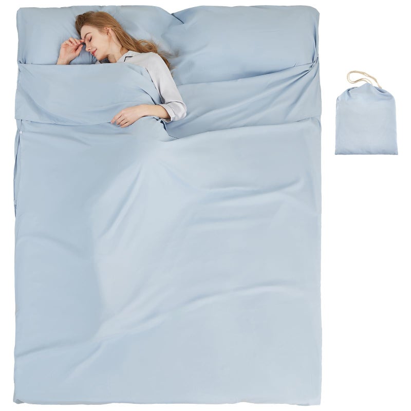 RHINSBENF Sleeping Bag Liner Camping Adult Sleep Sack Lightweight Travel Sheet for Hotel Bed Compact Ultralight Essential Cleaning Supplies Kit Travel Bedding Set for Backpacking (Blue & Double) - Image 1