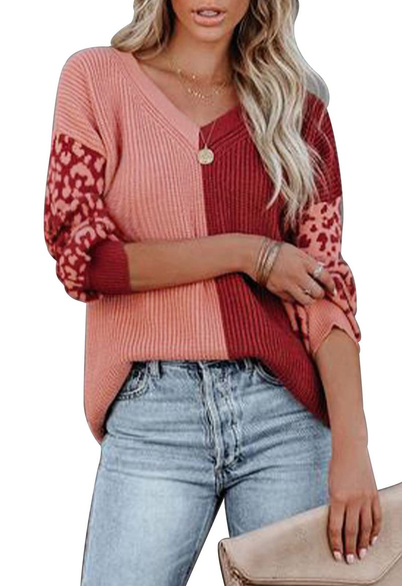 ANCAPELION Womenâ€™s V Neck Sweater Pullover Leopard Long Sleeve Basic Color Block Jumper Casual Knitted Tops Red Leopard Large