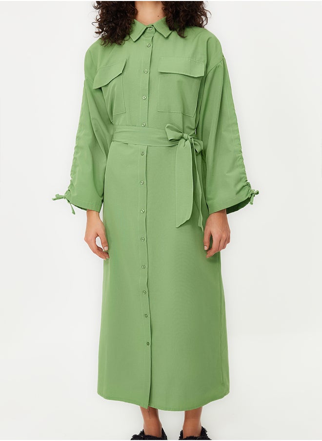 trendyol - Khaki Belted Adjustable Detailed Detailed Cotton Woven Shirt Dress TCTSS23EB00365 - Image 1