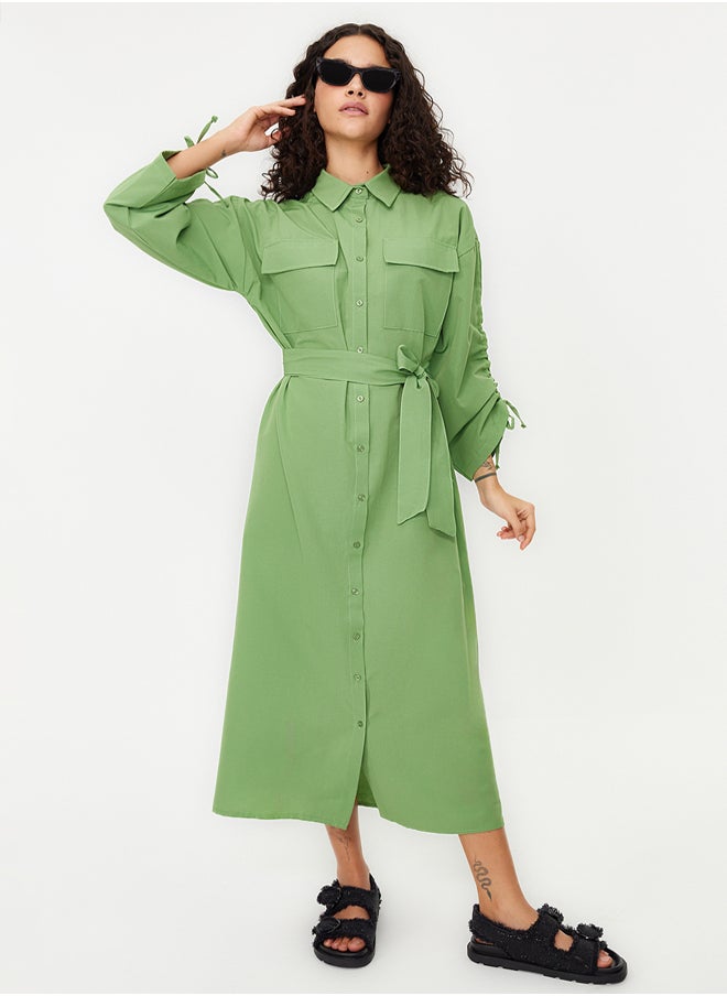 trendyol - Khaki Belted Adjustable Detailed Detailed Cotton Woven Shirt Dress TCTSS23EB00365 - Image 1