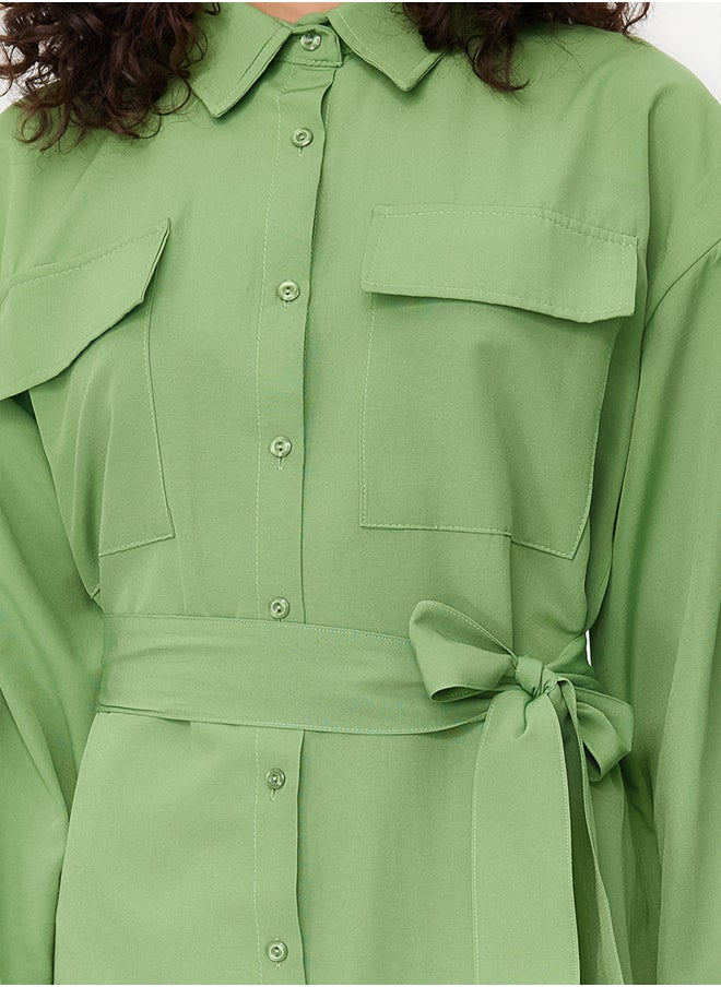 trendyol - Khaki Belted Adjustable Detailed Detailed Cotton Woven Shirt Dress TCTSS23EB00365 - Image 1