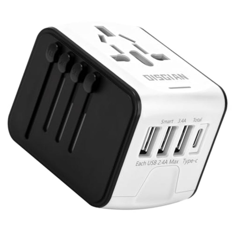 محول السفر، محول الطاقة الدولي العالمي مع منفذ 3USB وشاحن حائط دولي من النوع C، قابس طاقة تيار متردد عالمي للسفر متعدد الدول في المملكة المتحدة والاتحاد الأوروبي والاتحاد الأفريقي في أكثر من 200 دولة باللون الأبيض - Image 1