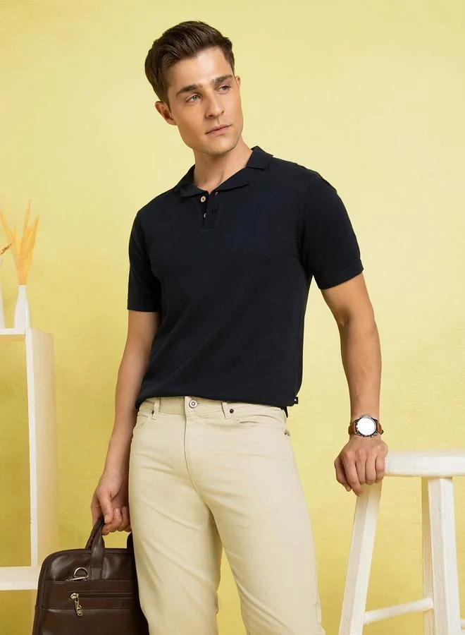 دينيس لينغو تيشيرت رجالي قطن 1% أزرق كحلي بقصة عادية بنقشة بارزة