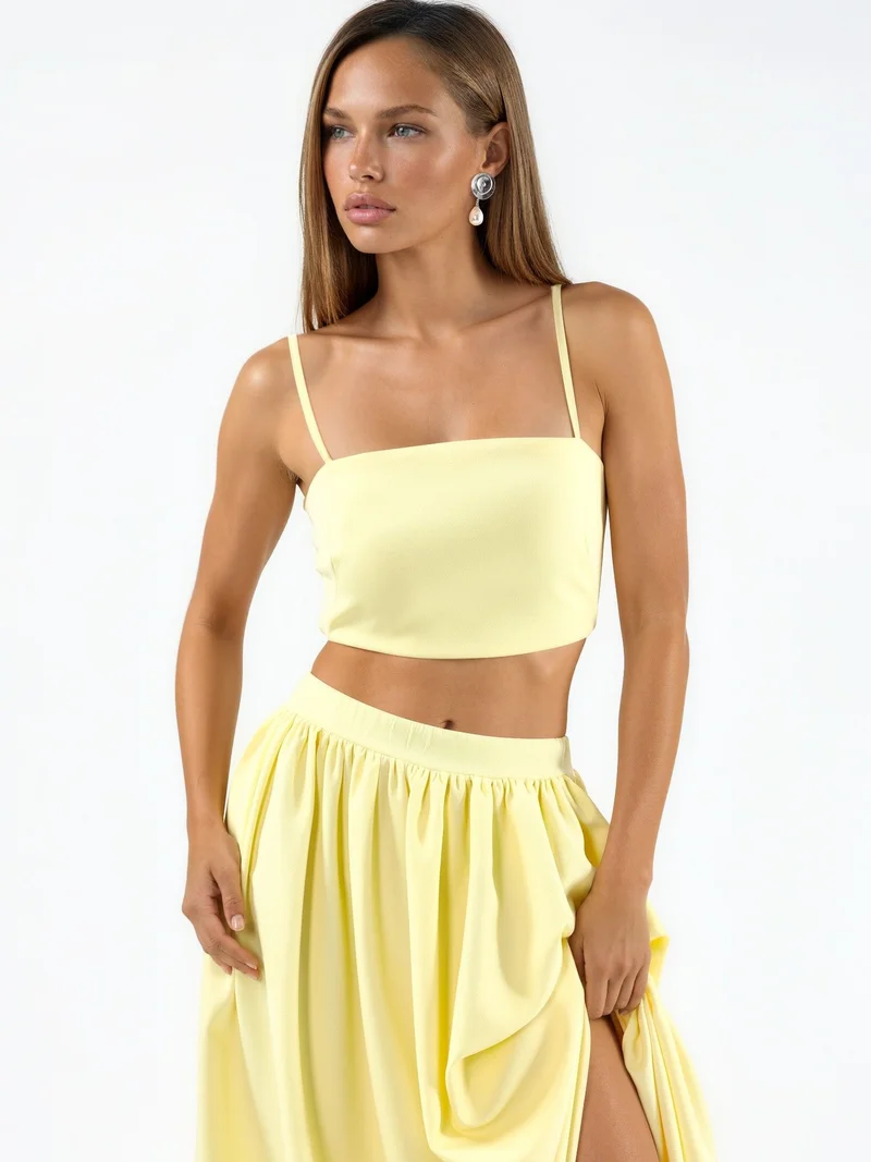 Hiccup Lemon Yellow Pocket Detailed Long Skirt and Crop Top Two-Piece Set for Women | Best Price UAE