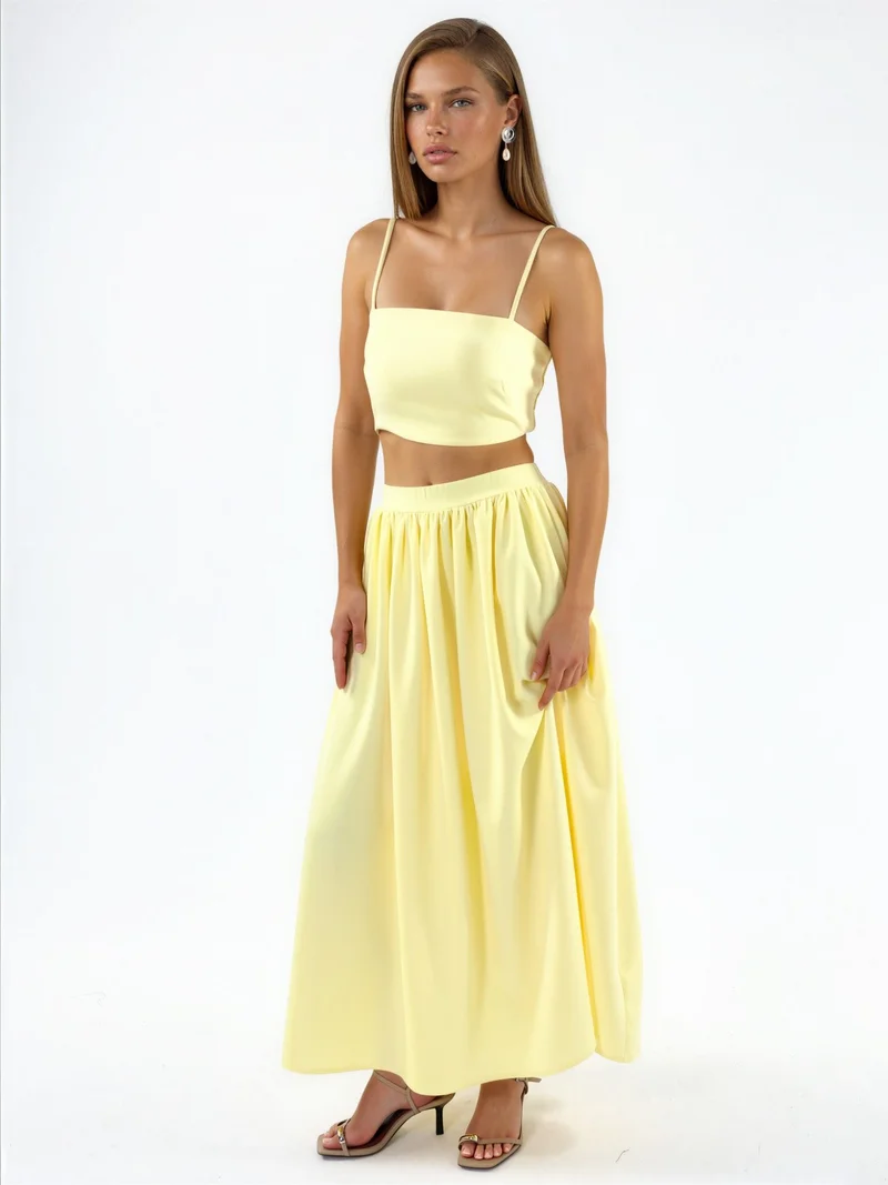 Hiccup Lemon Yellow Pocket Detailed Long Skirt and Crop Top Two-Piece Set for Women | Best Price UAE