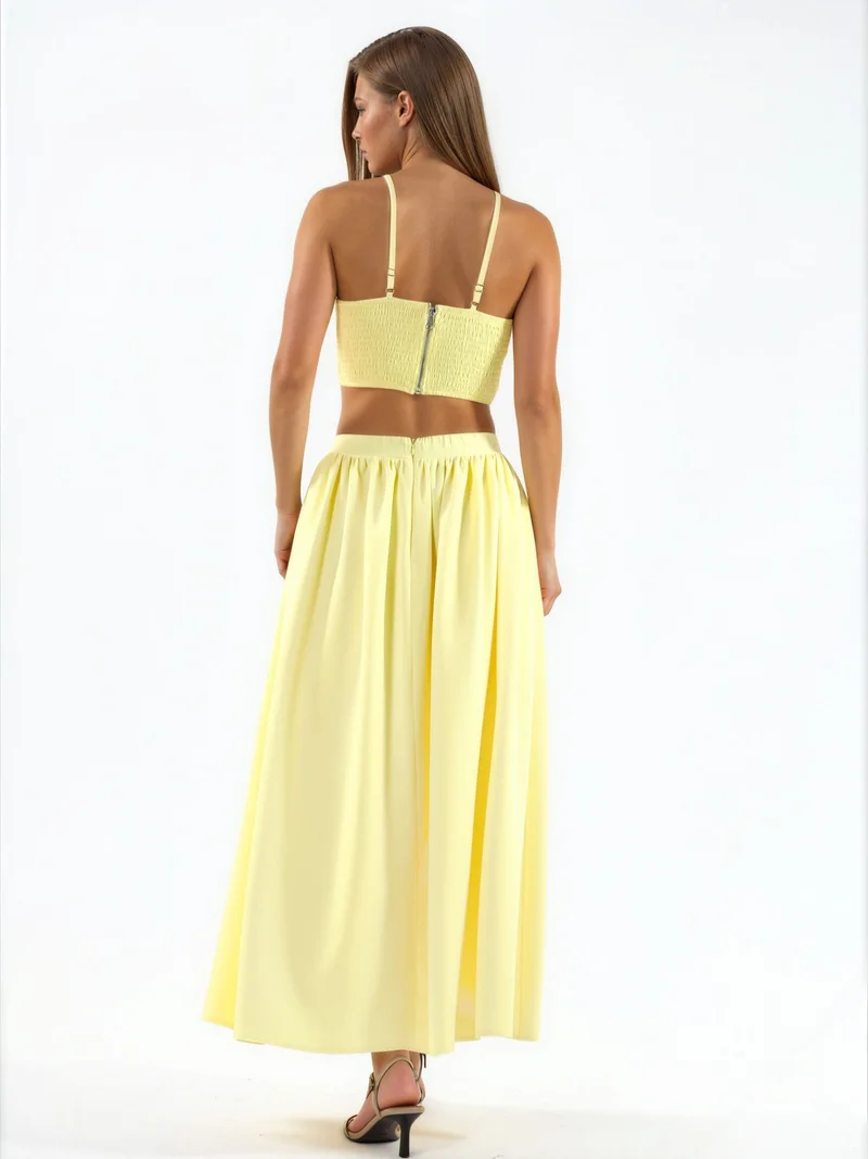 Hiccup Lemon Yellow Pocket Detailed Long Skirt and Crop Top Two-Piece Set for Women | Best Price UAE