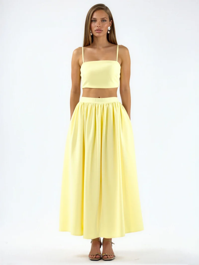 Hiccup Lemon Yellow Pocket Detailed Long Skirt and Crop Top Two-Piece Set for Women | Best Price UAE